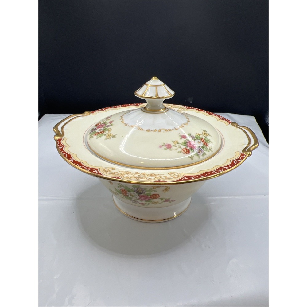 Vintage Noritake Covered Sugar Bowl M Wreath Gold Maroon Floral 1930s Japan